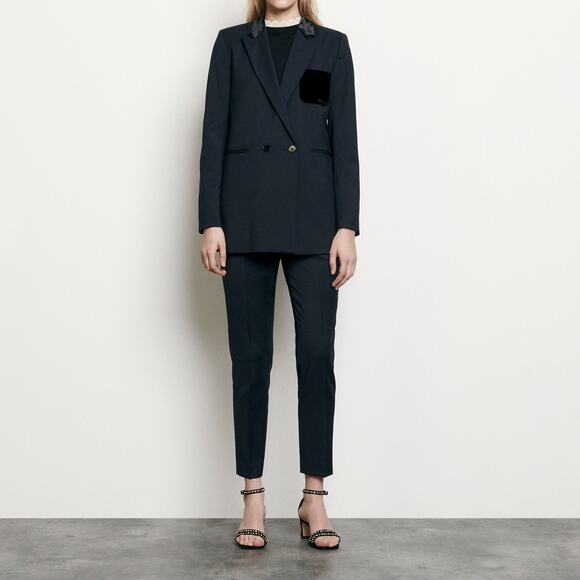 Sandro Tailored Jacket With Velour Pocket - 38 - Navy Blue - Picture 4 of 7